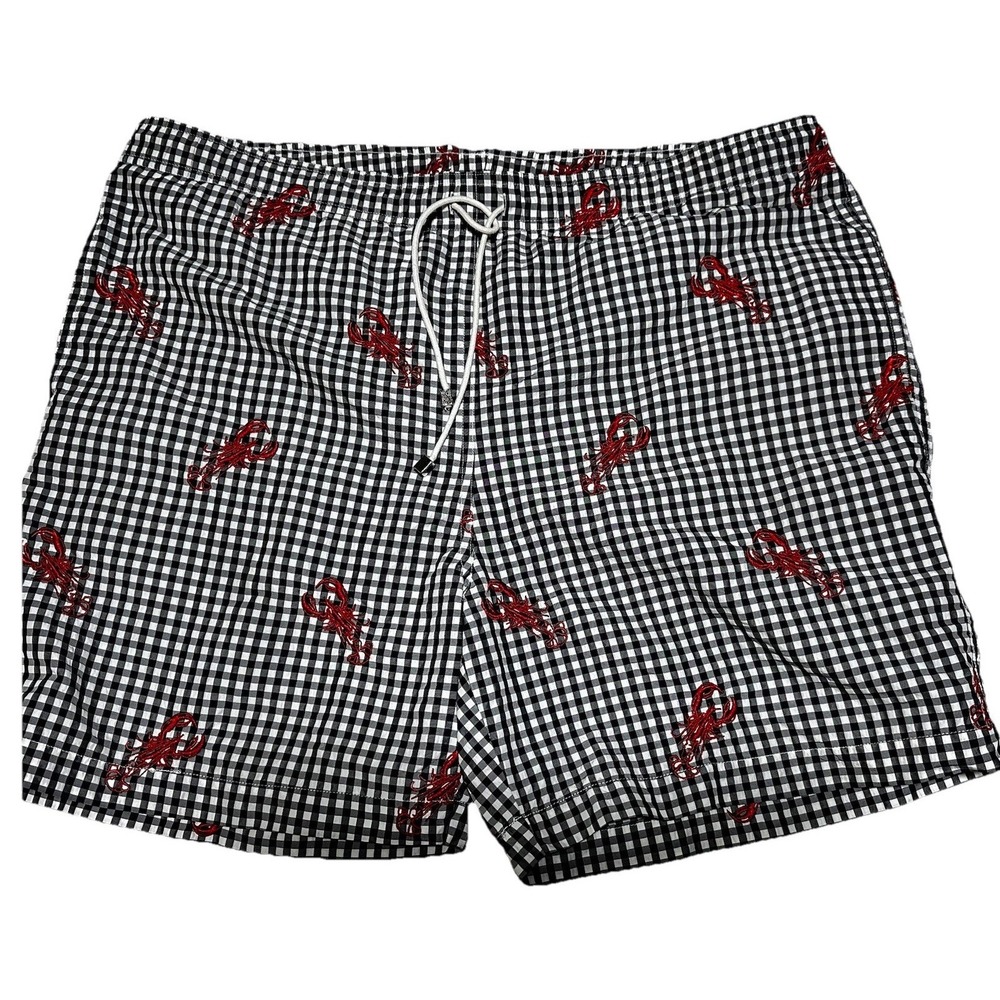 J. McLaughlin Mens Lobster Gingham Swim Trunks Black White Red Large